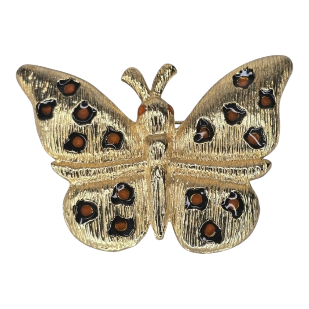 Vintage Large Gold Tone Textured Spot Wing Butterfly Brooch Pin Amber Nature